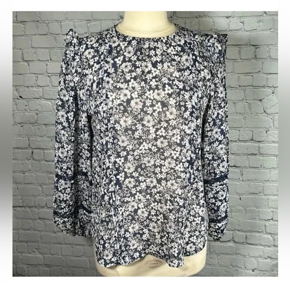 1. State Blue White Floral Pleated Ruffle Sheer Top Blouse Size Small - Picture 2 of 7